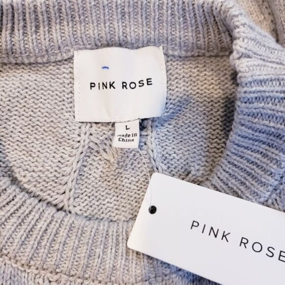 Pink Rose Gray Cable Knit Chunky Cropped Crew Neck Sweater Womens Size Large NWT - Picture 7 of 9